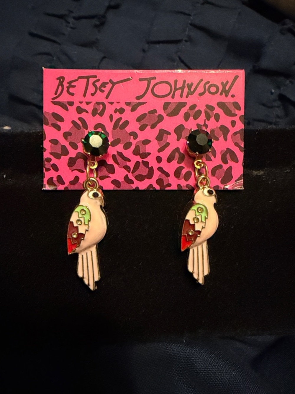 Betsey Johnson Pink Parrot Drop Earrings with Black Studs